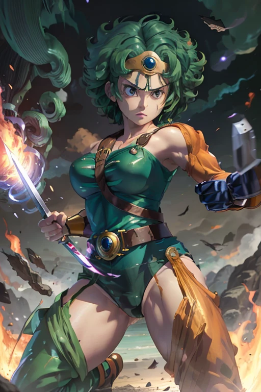 Anime Artwork Anime Artwork Masterpiece,Highest quality, Unreal Engine, Ultra-high resolution, Very detailed丸い胸, 1 person with medium chest,  Waist, thin,(Muscular:0.9)
 heroine, 
Circlet, Curly Hair, Green Hair, short hair, Asymmetrical clothing, leotard, belt, One-handed gloves, Single Sleeve, Single Thigh High Cave, Holding a sword, . Anime Style, Key Visual, Vibrant, Studio Anime,  Very detailed、be attacked by fire by the enemy.　I'm running out of life.　Get down on one knee