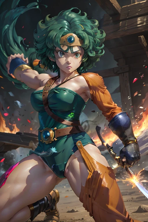 Anime Artwork Anime Artwork Masterpiece,Highest quality, Unreal Engine, Ultra-high resolution, Very detailed丸い胸, 1 person with medium chest, Waist, thin,(Muscular:0.9)
heroine,
Circlet, Curly Hair, Green Hair, short hair, Asymmetrical clothing, leotard, belt, One-handed gloves, Single Sleeve, Single Thigh High Cave, Holding a sword, . Anime Style, Key Visual, Vibrant, Studio Anime, Very detailed、be attacked by fire by the enemy. I'm running out of life. Get down on one knee