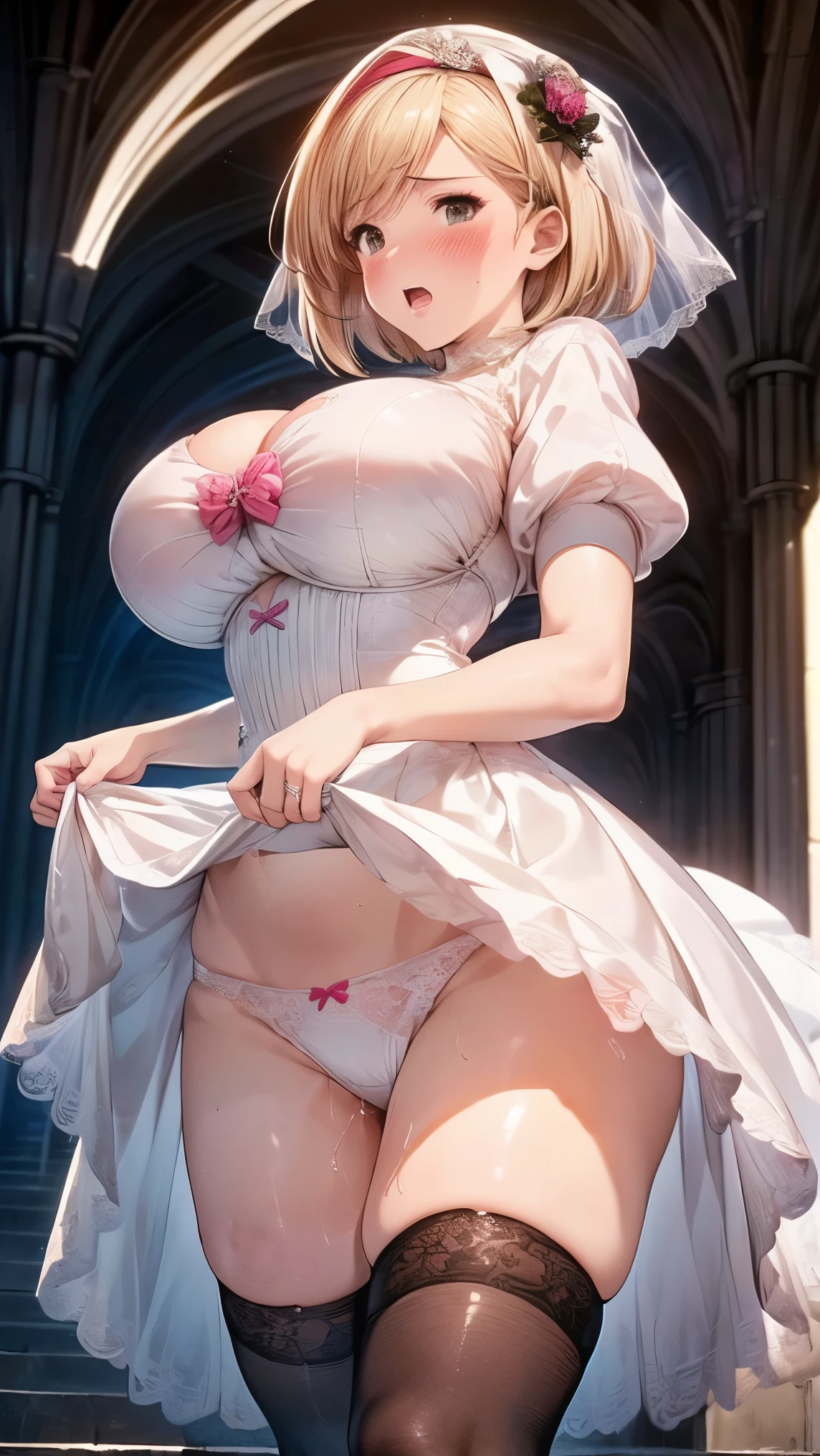 best quality,((((1girl)))),((big breasts:1.3)),curvy,((orgasm,blush:1.3)),angry,sweat,Djeeta_a,blonde hair, short hair, Brien eyes, ((wedding dress:1.3)),((mini skirt,lift skirt,upskirt,lace panties,white panties,black kneehighs,pussy juice:1.1)),full body,church,walking