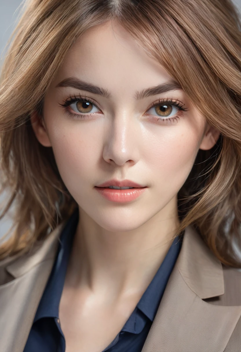 table top, highest quality, realistic, Super detailed, finely, High resolution, 8k wallpaper, 1 beautiful woman,, light brown messy hair, wearing a business suit, sharp focus, perfect dynamic composition, beautiful and detailed eyes, thin hair, Detailed realistic skin texture, close-up portrait, model body shape