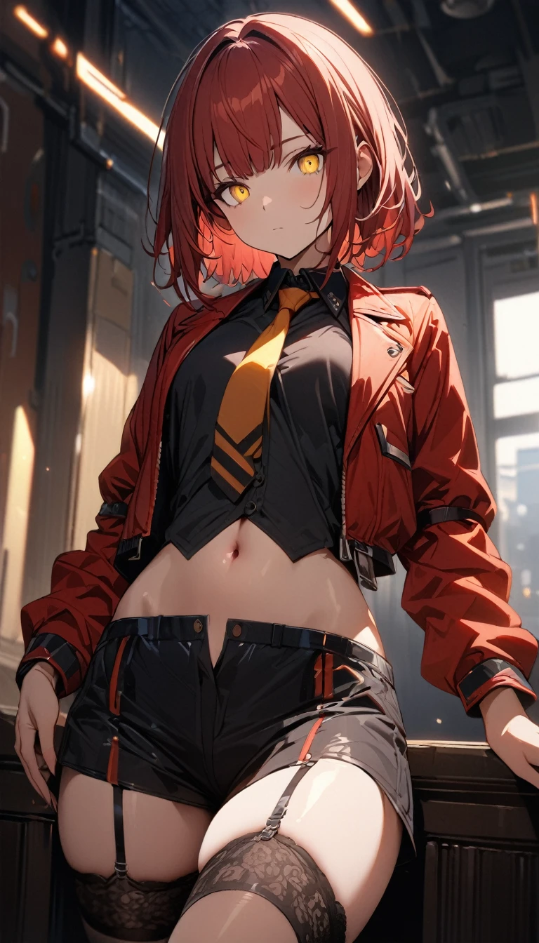 a handsome girl, solo,
red hair, bangs, yellow eyes, bright eyes, 
navel, short jacket, tie, shorts, garter rings,
expressionless, blurry background, perfect lighting,
masterpiece, best quality, extremely detailed face, extremely detailed,