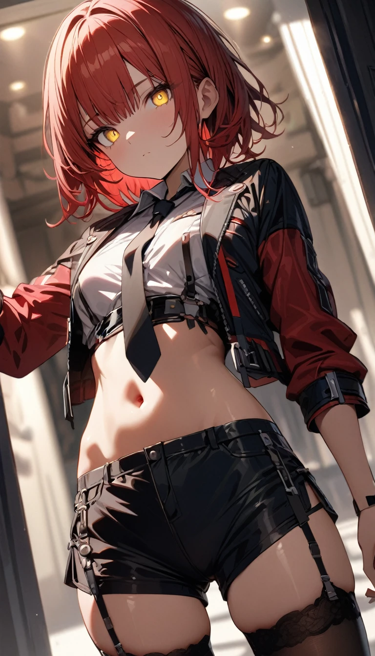 a handsome girl, solo,
red hair, bangs, yellow eyes, bright eyes, 
navel, short jacket, tie, shorts, garter rings,
expressionless, blurry background, perfect lighting,
masterpiece, best quality, extremely detailed face, extremely detailed,