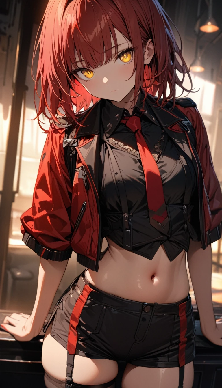 a handsome girl, solo,
red hair, bangs, yellow eyes, bright eyes,
navel, short jacket, tie, shorts, garter rings,
expressionless, blurry background, perfect lighting,
masterpiece, best quality, extremely detailed face, extremely detailed,