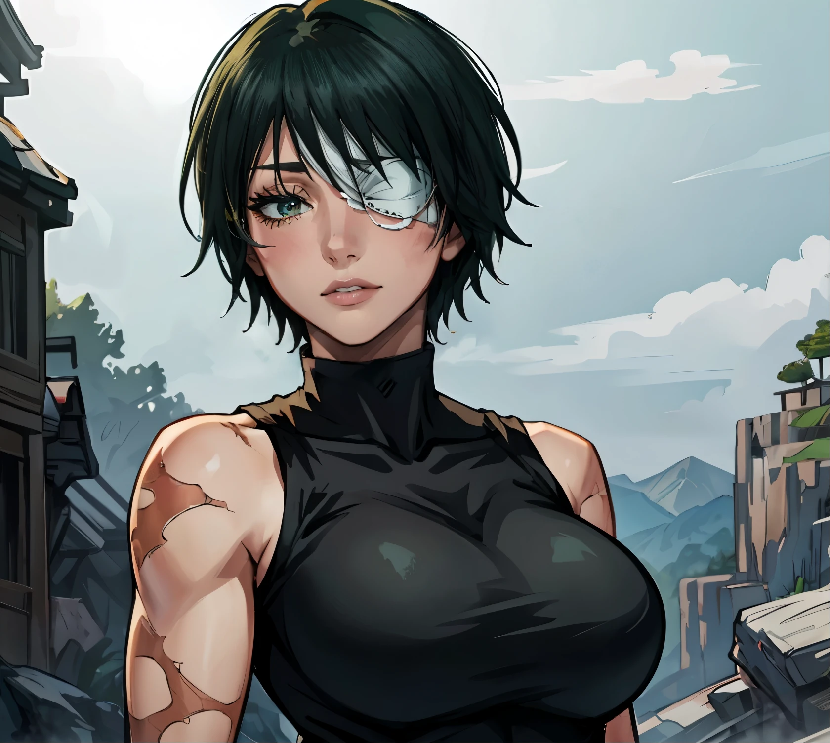 (masterpiece:1.2, best quality:1.2, beautiful, high quality, highres:1.1), 1girl, detailed, short hair, short fluffy hair, short green hair, extremely detailed 4K, perfect eyes, perfect face, only 1 girl, visible bandaid, 1 eye, bandaid covering eye, other eye covered, eye covered with bandaid, circle arms, serious gaze, ready for battle, combat face, nice view, sexy, glasses, circle shaped glasses, yellow shiny eyes, yellow colored eyes, Bandaid on face, posing, hands, arms, scars on arms, scars on face, scars on cheek, bangs, really short hair, scars on body, Maki Zenin eyes, perfect eyes, scars on face, dangerous, eye patch, white bandage on eye, yellow colored eyes, exotica, scar on face, scar on cheeks, visible scars on cheeks, bandage on eye, scar on eye, Maki Zenin, scar on body, very short hair, circle glasses, dark scars on face, Maki Zenin LoRA, black shirt, scar on eye, scars, sleeveless, crop top, beautiful face, perfect lighting, (1girl, solo, adult female, mature female), thin, lithe body, Maki Zenin, green hair, glasses, (big breasts), ((sensual seductive))