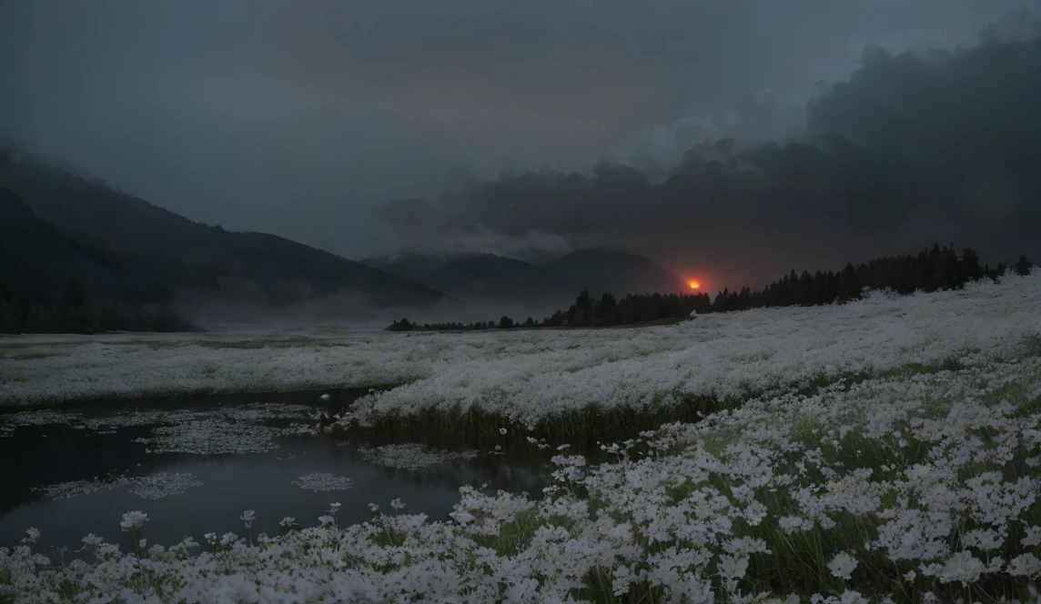 masterpiece of materpieces, PHOTOREALITIC, DENSE MIST. Smokey skies cast eerie light in the Anthropocene on a lake surrounded by cherry blossom trees, snow falling, pink dandelions covered in snow in enchanted forest, heavy mist and fog over the lake, fairy tale vibes, petals floating, dreamy looking, Sun burning like fire. Stars on the sky. Field filled with white flowers. PHOTOREALISTIC and cinematic. Nikon Z9