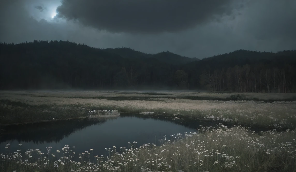 masterpiece of materpieces, PHOTOREALITIC, DENSE MIST. Smokey skies cast eerie light in the Anthropocene on a lake surrounded by cherry blossom trees, snow falling, pink dandelions covered in snow in enchanted forest, heavy mist and fog over the lake, fairy tale vibes, petals floating, dreamy looking, Sun burning like fire. Stars on the sky. Field filled with white flowers. PHOTOREALISTIC and cinematic. Nikon Z9