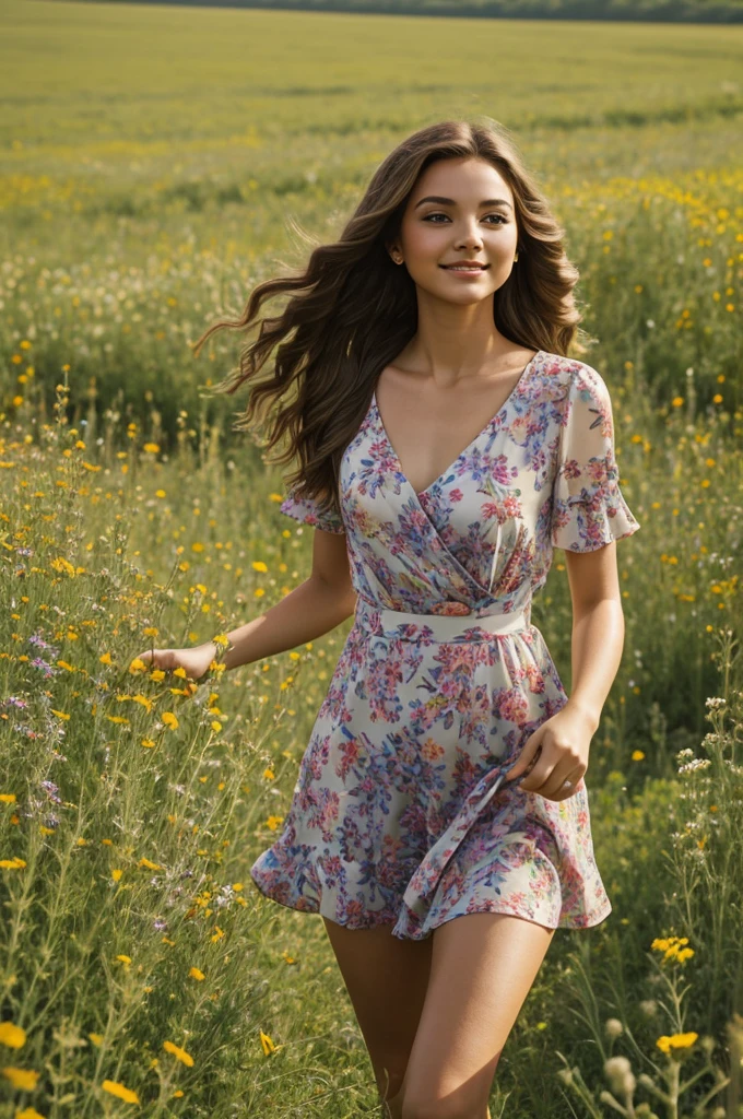 A stunning young woman standing in a field of wildflowers, radiating confidence and grace.