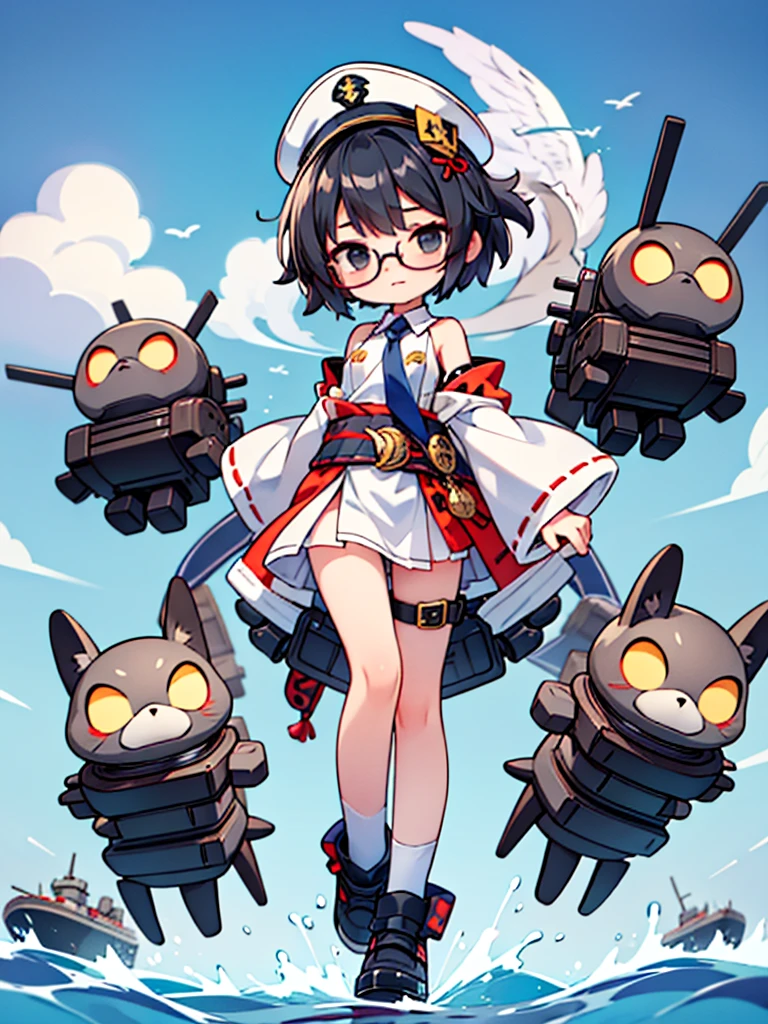 ((((Full body of a woman with perfect flat chest、solo、Short unkempt black hair、Tie your messy hair at the nape of your neck、white military jacket、Miko costume、tights、Black glasses、White military cap、Cloudy black eyes、Confused eyes、Falcon Hair Accessories、Eagle hair accessory)))), (((masterpiece))), (((Shipgirl))), ((Floating on the morning sea with both feet)), (Spread your legs wide open), (Hold the turret with your right hand), (Mechanical arms extending from the waist are used to equip the ship with battleship equipment.), (Equipped with a turret on the back), (Holds a triple turret on the left arm), Shotgun shells are attached to the thigh with a belt, Spreading the Machine's Wings, Machine tail, Holding a shotgun, Nipple masturbation, Tentacle Sex, Dildo masturbation