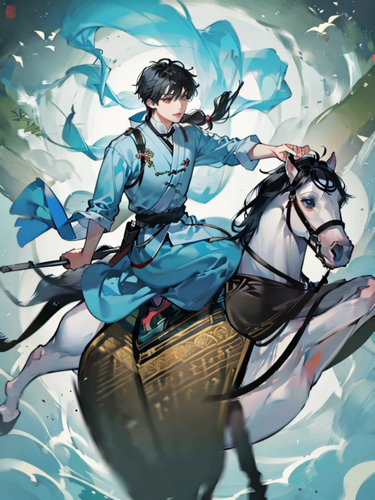 zhao yun a handsome young man, long and tied hair, a general holding a spear and riding a white stalion