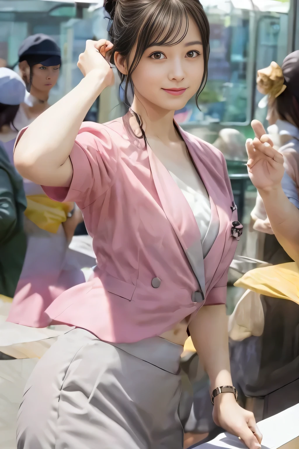 (masterpiece:1.2, Highest quality:1.2), 32k HDR, High resolution, (alone、1 girl)、(On the rooftop of a building in the daytime、Professional Lighting)、Building rooftop background、(Nankai train crew uniform pinkを着たリアルスタイル)、(Nankai train crew uniform pink short sleeve collarless pink jacket、Nankai Train Crew Uniform Pink Collarless Short Sleeve Blouse、Nankai Train Crew Uniform Pink Grey Knee-length Culottes)、((The bottom of the pink short-sleeved jacket cannot be tucked into the clay-colored culottes.))、Dark brown hair、(Hair tied up、Hair Bun、Hair Bun)、Dark brown hair、Long Shot、Big Breasts、Thin legs、((Great hands:2.0)),((Harmonious body proportions:1.5)),((Normal limbs:2.0)),((Normal finger:2.0)),((Delicate eyes:2.0)),((Normal eyes:2.0)))、(Nankai Train Crew Uniform Pink Grey Knee-length Culottesを見せた美しい立ち姿)、smile