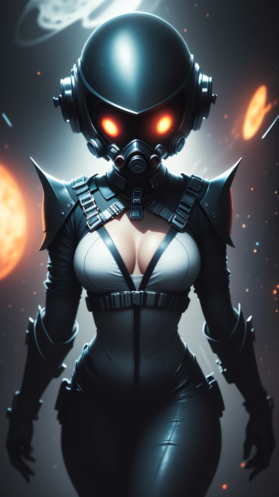 Alien woman, in a space suit, lots of cleavage, (floating in space), ((floating next to space ship)), (viewport of a nebula), faceless, helmet, combine assassin, military, gas mask, shoulder armor, armor, bulletproof vest, one-eyed, black bodysuit, white armor, glowing eye, 