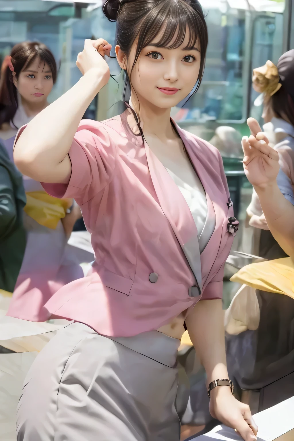 (masterpiece:1.2, Highest quality:1.2), 32k HDR, High resolution, (alone、1 girl)、(On the rooftop of a building in the daytime、Professional Lighting)、Building rooftop background、(Nankai train crew uniform pinkを着たリアルスタイル)、(Nankai train crew uniform pink short sleeve collarless pink jacket、Nankai Train Crew Uniform Pink Collarless Short Sleeve Blouse、Nankai Train Crew Uniform Pink Grey Knee-length Culottes)、((The bottom of the pink short-sleeved jacket cannot be tucked into the clay-colored culottes.))、Dark brown hair、(Hair tied up、Hair Bun、Hair Bun)、Dark brown hair、Long Shot、Big Breasts、Thin legs、((Great hands:2.0)),((Harmonious body proportions:1.5)),((Normal limbs:2.0)),((Normal finger:2.0)),((Delicate eyes:2.0)),((Normal eyes:2.0)))、(Nankai Train Crew Uniform Pink Grey Knee-length Culottesを見せた美しい立ち姿)、smile