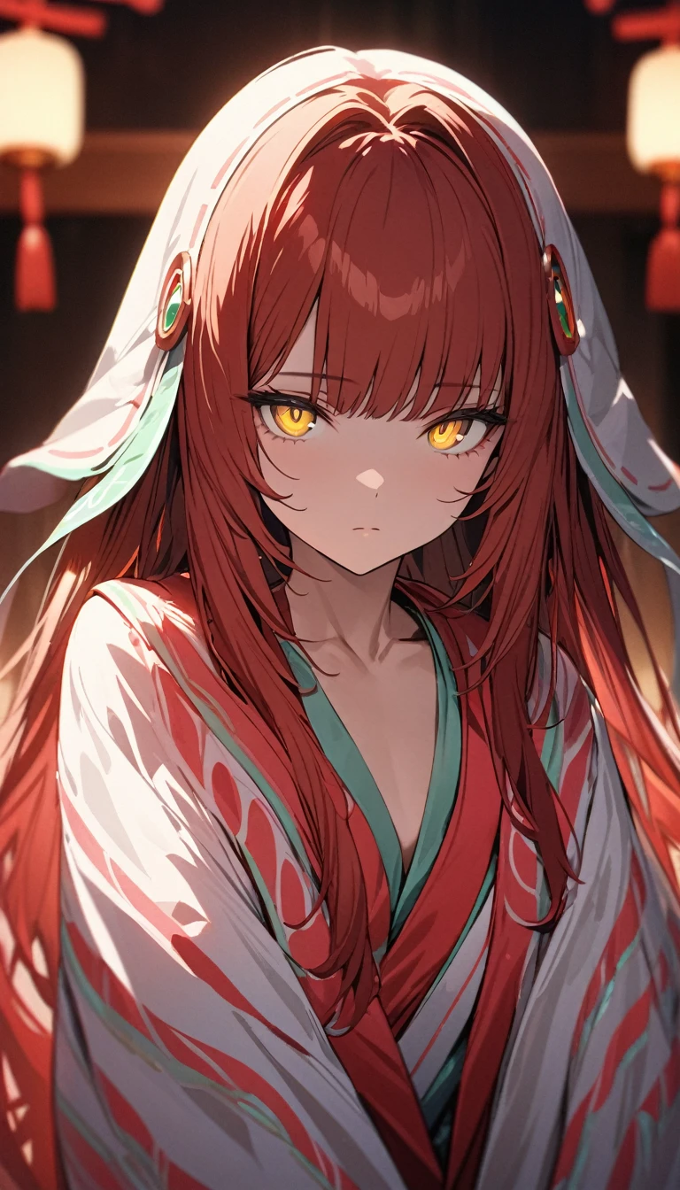 a handsome girl, solo,
red hair, bangs, yellow eyes, bright eyes,
shrine maiden,
expressionless, blurry background, perfect lighting,
masterpiece, best quality, extremely detailed face, extremely detailed,