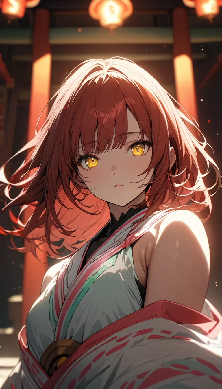 a handsome girl, solo,
red hair, bangs, yellow eyes, bright eyes,
shrine maiden,
expressionless, blurry background, perfect lighting,
masterpiece, best quality, extremely detailed face, extremely detailed,