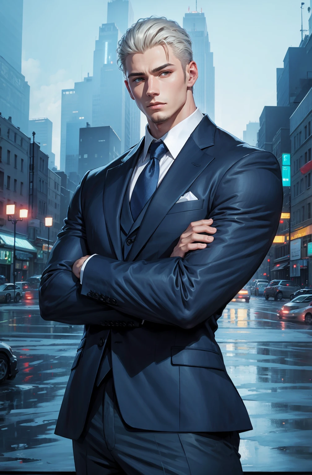 Drawing of a young Chad, Dark blue suit,hong&#39;se&#39;r tie， White shirt，Pants，入耳式earphone，earphone， Looking at the camera, male，Silver short hair，Blue Eyes，muscle，bodyguard,Light and Shadow，（Luminescence：1.5），（Cyberpunk：1.5）