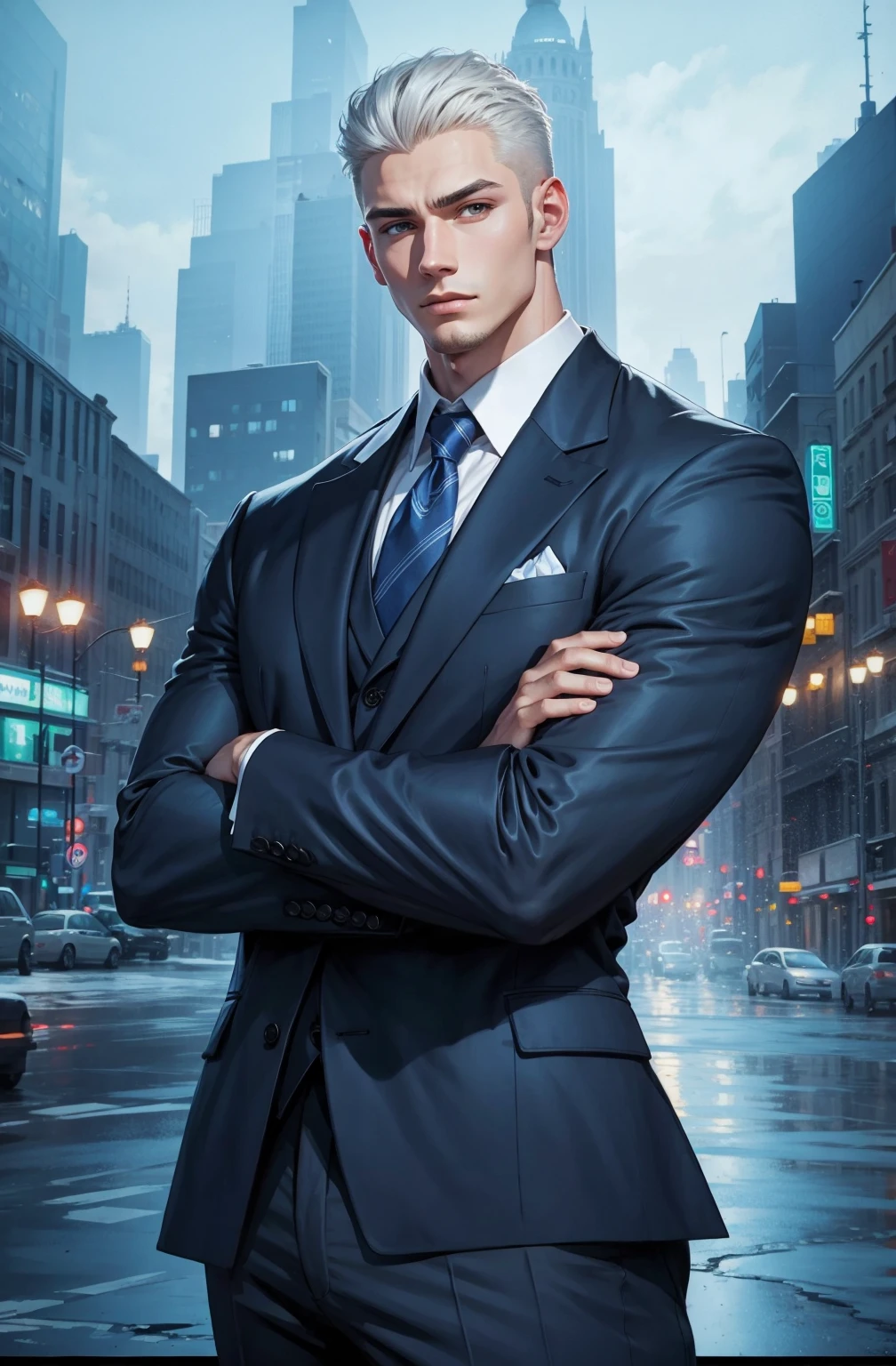 Drawing of a young Chad, Dark blue suit,hong'se'r tie, White shirt,Pants,入耳式earphone,earphone, Looking at the camera, male,Silver short hair,Blue Eyes,muscle,bodyguard,Light and Shadow,(Luminescence:1.5),(Cyberpunk:1.5)