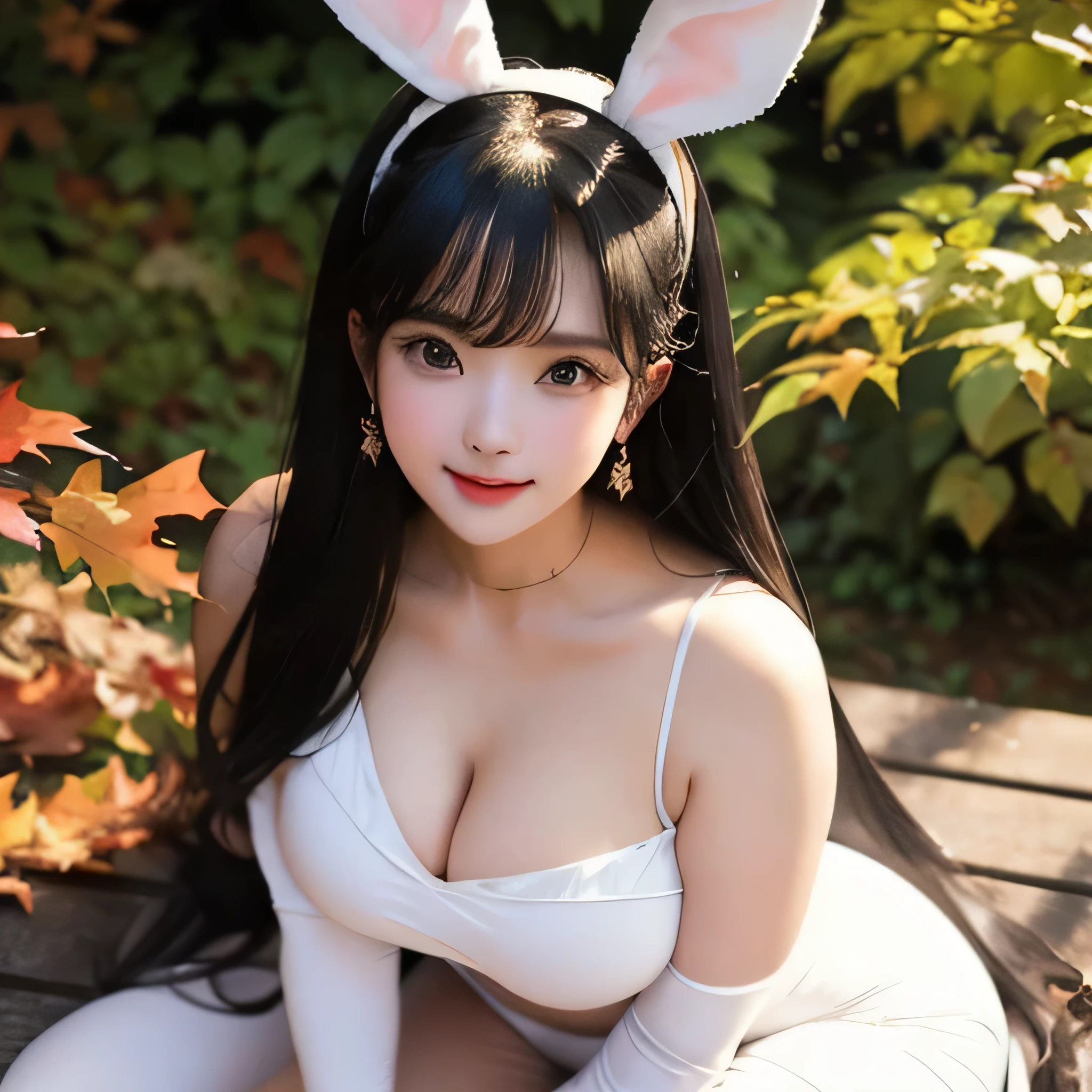 Very large O cup breasts、Shapely breasts 、 Show off your breasts、Silky shiny skin、sexly, Very beautiful lovely face、Cute face、 Gorgeous Silky Black Hair、Round eyes、 Bangs swaying in front of the face、A beautiful and cute 20-year-old woman、 Big and ample breasts、 she spreads her legs wide and flaunts、Showing very large breasts、 Plump、Super glamorous、Are fat、Bigfoot、Big body、 Chubby、Beautiful thighs、Low - Angle、Scene looking up from below、 Chubby weighs 80kg、cute、smile、Very glamorous、Japanese women、Clear white skin、Autumn leaves、Urban park、Wearing a bunny girl costume、ponytail