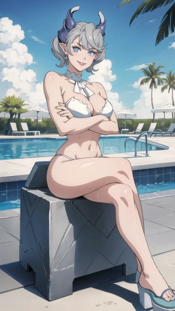 　2 boys High level image quality　best image quality　8K　 adult woman    pool party  rain　palm trees  more colors   whole body view　portrait　golden ??????   　horn    ears  　short hair（（shortcut）（gray hair）（perm）（fluffy））　eye color is blue ,  , 　attractive evil face , smile   ,  ???? pose   ,  labrynth , crossed arms,  barearm     , sittings  by the pool , crossed legs  , all wet , view foot arc 