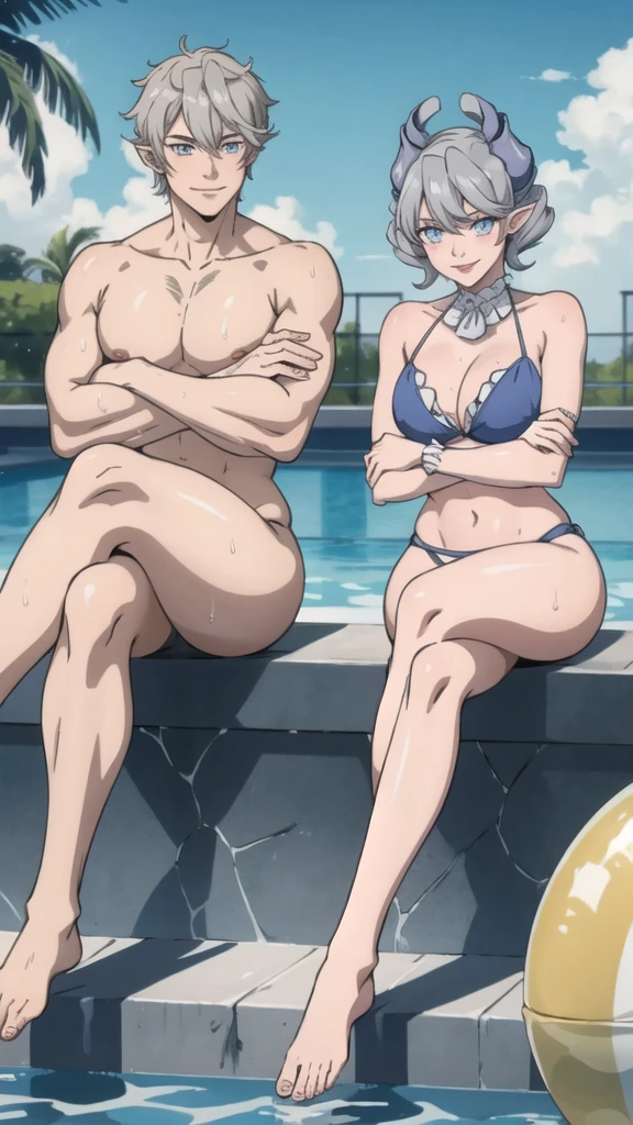 2 boys High level image quality best image quality 8K adult woman pool party rain palm trees more colors whole body view portrait golden bikini horn ears short hair((shortcut)(gray hair)(perm)(fluffy)) eye color is blue , , attractive evil face , smile , sexy pose , labrynth , crossed arms, barearm , sittings by the pool , crossed legs , all wet , view foot arc