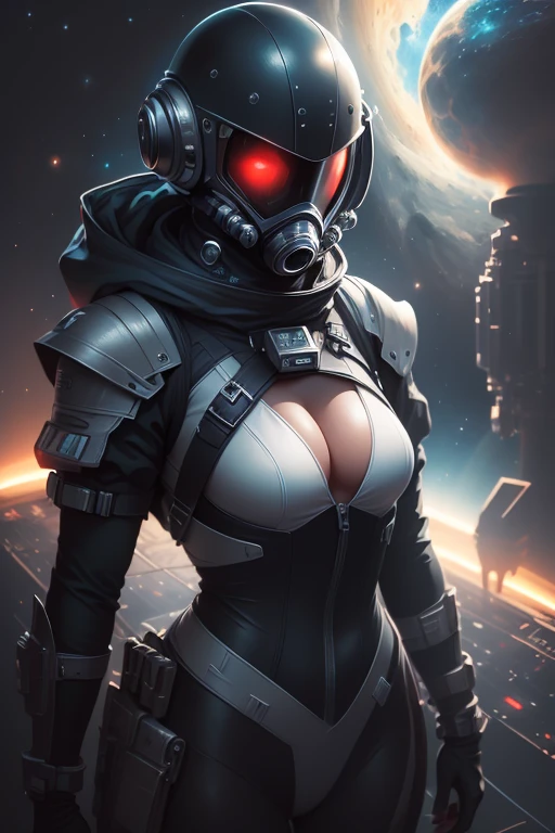 Alien woman, in a space suit, lots of cleavage, (floating in space), ((floating next to space ship)), (viewport of a nebula), faceless, helmet, combine assassin, military, gas mask, shoulder armor, armor, bulletproof vest, one-eyed, black bodysuit, white armor, glowing eye, 