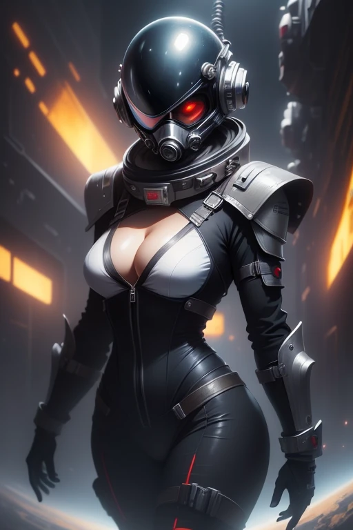 Alien woman, in a space suit, lots of cleavage, (floating in space), ((floating next to space ship)), (viewport of a nebula), faceless, helmet, combine assassin, military, gas mask, shoulder armor, armor, bulletproof vest, one-eyed, black bodysuit, white armor, glowing eye, 