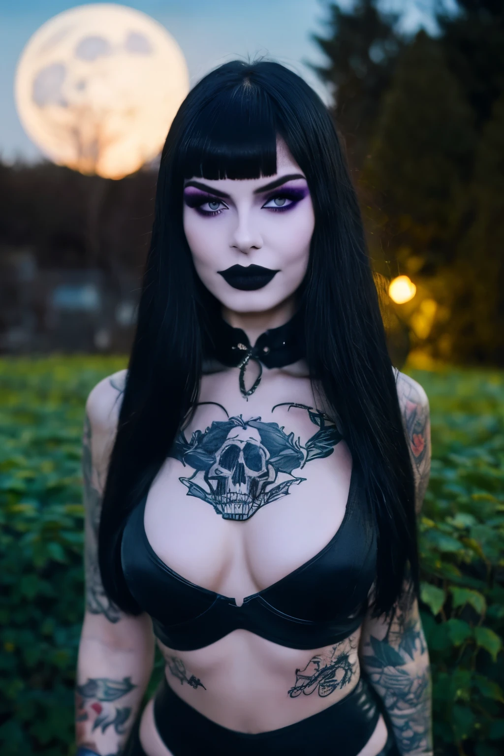 Generphie a hyper-realistic image thphi employs the shallow depth of field technique, Head and shoulders portrait to highlight a beautiful gothic girl wearing a sexy gothic latex Lingerie, Hot body, (((Long flowing hair with bangs))), ((skull tattoo on arm)) , ((heavy make-up)) , ((Gothic cemitery background )) context, (((under the moonlight))). The girl should be the focal point, with sharp clarity, while the background of the cemitery should be gently blurred to crephie a bokeh effect. (((black roses foreground))) must be visible, but blurred, adding depth to the composition.", adding depth to the composition. Sony Alfa A7R III, macro lens , f/5.6. ((Cinemphiic purple Lighting)) .
