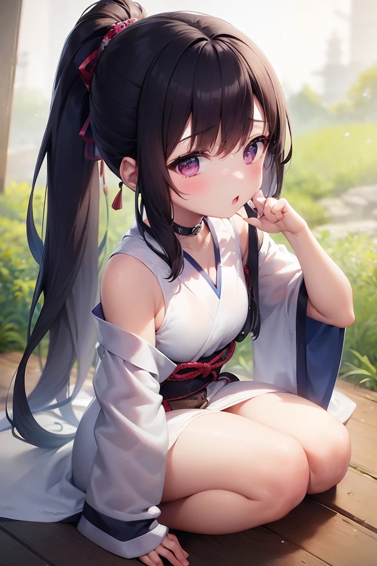 (masterpiece)、(1 Girl)、Japanese teenage girl idol、One girl、Small face、Plump Cheeks、whole body、Ultra-detailed skin、Perfect Skin、Professional photos、RAW Photos、8k、(1 Girl)、Cute and adorable、ponytail、Viewer's perspective、Black hair covered in water、((Lightweight, lightweight T-shirt))、Wet from splashes、Water is spurting out of the hose、top of the hill、Blue sky、White cloud、((Jumping up))、((Uplifting))、