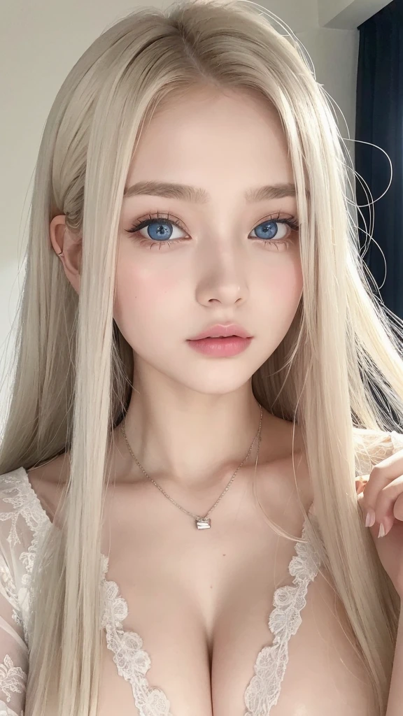 forehead、Big Breasts、Platinum Blonde Hair、Straight long hair、Hitting the face and front of the eyes、Big blue eyes、Sheer white and wet nightgown、Nordic youth、Perfect body、White tendons、Glowing Skin、Young and beautiful skin、A perfect and beautiful little face、Bright makeup、Pale pink lips、Bright expression、、Unbuttoned shirt、lipstick、Deceptive advertising、{vapor}、Viewer's vision、Golden Hour Lighting、Bokeh Atmosphere Perspective、detailed、Movie Light、複雑なdetailed、High resolution、 フェイスデザインのdetailedな特徴、Attention to detail、Clear focus、Smoothness、aesthetics、Printed、Octane、{{masterpiece}}