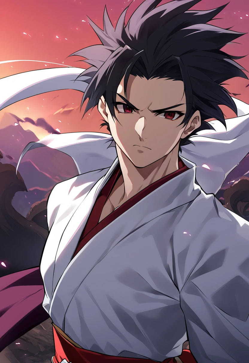 1boy, male focus, ponyzeldris, black hair, short hair, spiked hair, black eyes, red eyes, empty eyes,muscle, (vestindo um kimono branco totalmente rasgado)),in a red land, purple mountains, red sky, wind, clothes in the wind, hair in the wind, serious expression, powerful posing,scars at body