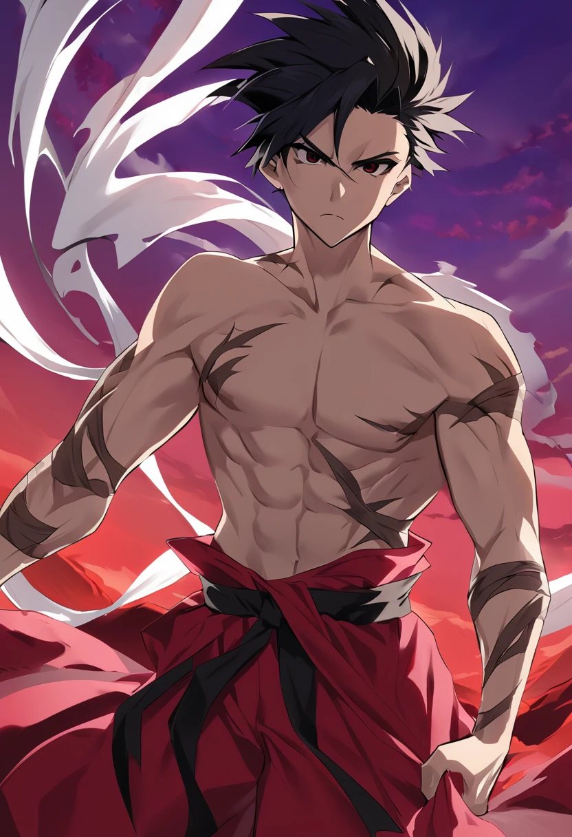 1boy, male focus, ponyzeldris, black hair, short hair, spiked hair, black eyes, red eyes, empty eyes,muscle, (vestindo um kimono branco totalmente rasgado)),in a red land, purple mountains, red sky, wind, clothes in the wind, hair in the wind, serious expression, powerful posing,scars at body