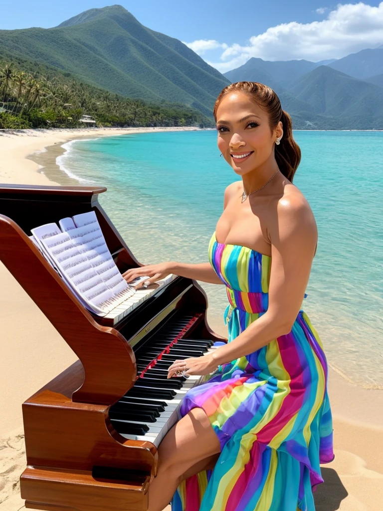 jennifer lopez is beautiful, smiling happily, wearing a rainbow-striped silk strapless dress, playing the piano, on the beach, mountains in the distance