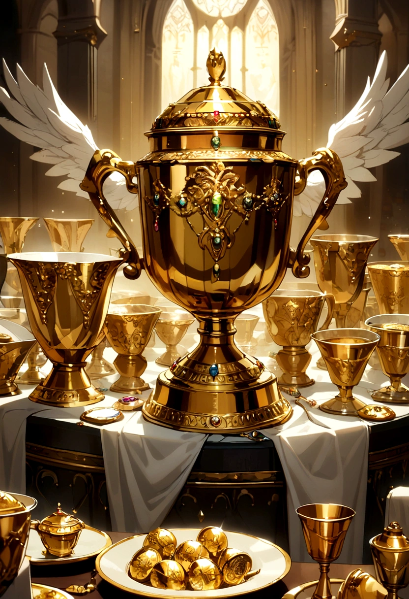 A golden cup with angel motifs on it and studded with many precious jewelries.