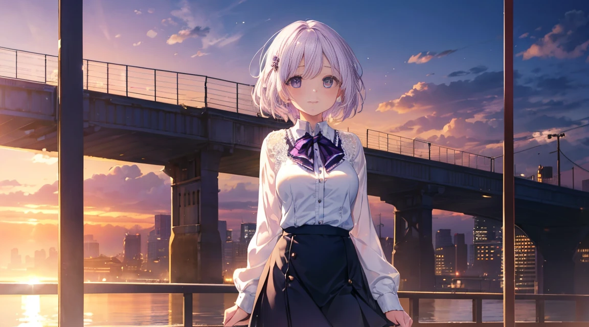 Highest quality, Detailed face, One Girl, Mid-breasted, smile, Casual clothing, skirt, (charm, Puffy eyes:1.2), Excellent anatomy, Show Viewer, Soft Focus, Golden Hour Lighting, Written boundary depth, short hair, Happy expression, White purple hair, lace shirt, skirt, Sunset sky