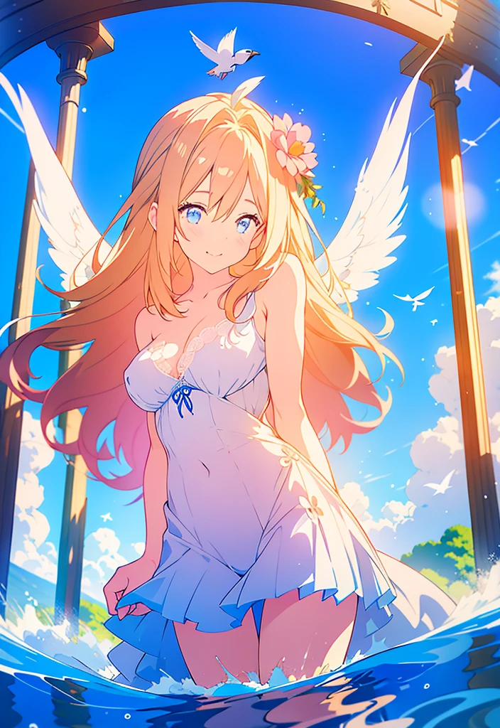 Highest quality、Highest quality、masterpiece、Detailed、4K、8K、One Woman、Aphrodite, the goddess of beauty in Greek mythology、Slender、Blonde wavy hair、blue eyes、Flower Hair Ornaments、smile、Big Eyes、輝くようなgraceな顔立ち、Dressed in classical Greek costume。Fantasy、beautiful、beautiful、grace、A beautiful woman、Dignified、The background is the sea、blue sky、にはbeautiful白い鳥が飛んでいる、White Dove、Perfect hands、Perfect Arms、Perfect Fingers、Perfect Anatomy、