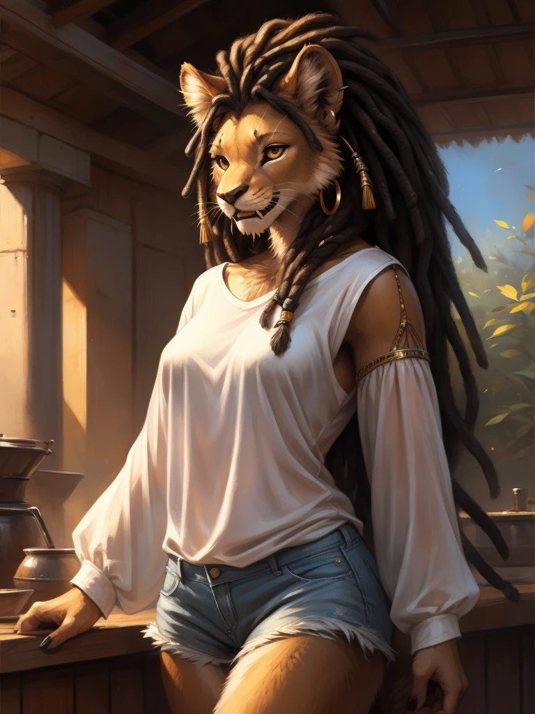 by kenket, by totesfleisch8, (by thebigslick, by silverfox5213:0.8), (by syuro:0.2),  а lion, female, in full growth, brown fur, light brown eyes, long black dreadlock hair with fangs of wild animals on the tips of some dreadlocks, tail with a tassel at the end and a metal ring at the base of the tassel, wearing short tight denim shorts that, white transparent T-shirt with elbow-length and wide sleeves, bare left shoulder, black lace bra visible through T-shirt , metallic beads and hoop earrings in the ears