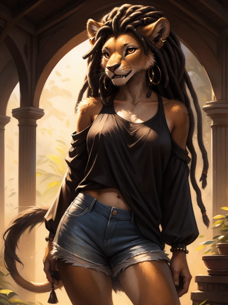 by kenket, by totesfleisch8, (by thebigslick, by silverfox5213:0.8), (by syuro:0.2), а lion, female, in full growth, brown fur, light brown eyes, long black dreadlock hair with fangs of wild animals on the tips of some dreadlocks, tail with a tassel at the end and a metal ring at the base of the tassel, wearing short tight denim shorts that, white transparent T-shirt with elbow-length and wide sleeves, bare left shoulder, black lace bra visible through T-shirt , metallic beads and hoop earrings in the ears