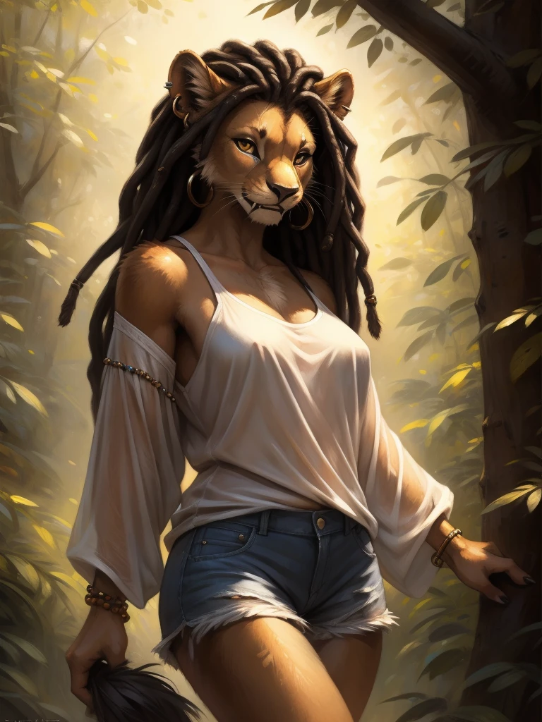 by kenket, by totesfleisch8, (by thebigslick, by silverfox5213:0.8), (by syuro:0.2), а lion, female, in full growth, brown fur, light brown eyes, long black dreadlock hair with fangs of wild animals on the tips of some dreadlocks, tail with a tassel at the end and a metal ring at the base of the tassel, wearing short tight denim shorts that, white transparent T-shirt with elbow-length and wide sleeves, bare left shoulder, black lace bra visible through T-shirt , metallic beads and hoop earrings in the ears
