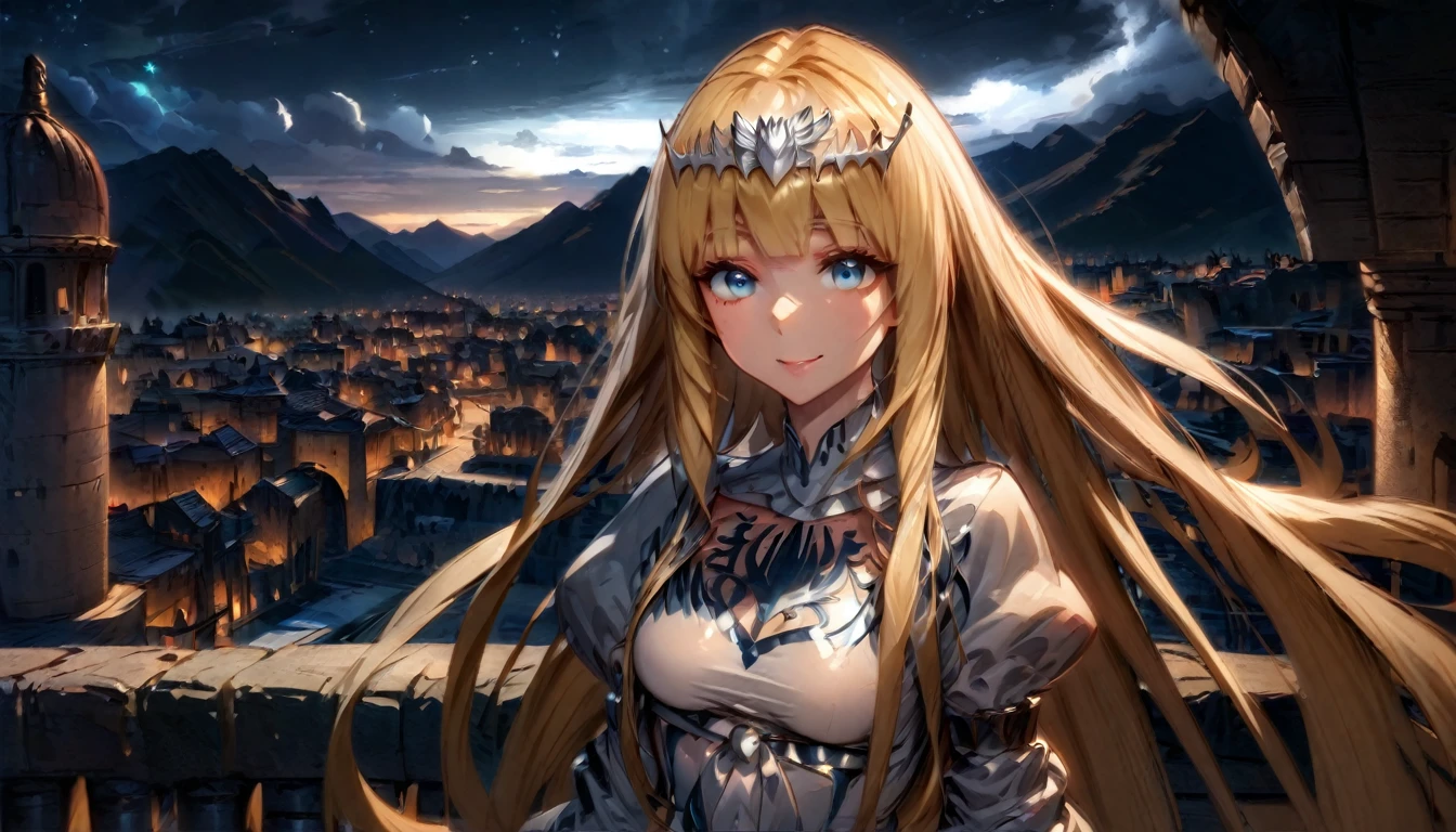 Ultra detailed, Highres, absurdres, HDR, Solo female, 25 years old, night time, ancient city, smiling,, 1girl, solo, Calca, Calca Bessarez, blonde hair, (extremely long hair:1.3), very long hair, white tiara, white dress, blue eyes, medium chest, extremely long hair, medium breast, yellow hair color, bangs, blunt bang