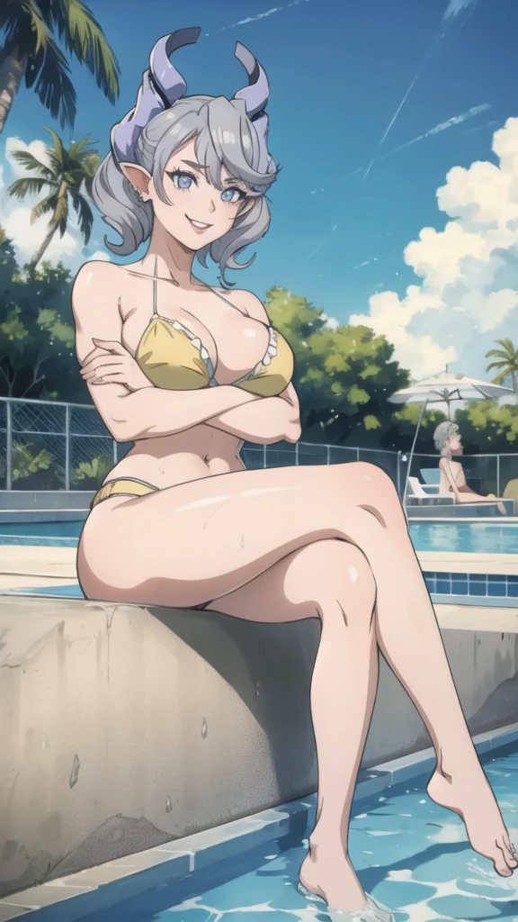 3 girls High level image quality best image quality 8K adult woman pool party rain palm trees more colors whole body view portrait golden bikini horn ears short hair((shortcut)(gray hair)(perm)(fluffy)) eye color is blue , , attractive evil face , smile , sexy pose , labrynth , crossed arms, barearm , sittings by the pool , crossed legs , all wet , view foot arc