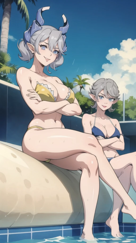 3 girls High level image quality best image quality 8K adult woman pool party rain palm trees more colors whole body view portrait golden bikini horn ears short hair((shortcut)(gray hair)(perm)(fluffy)) eye color is blue , , attractive evil face , smile , sexy pose , labrynth , crossed arms, barearm , sittings by the pool , crossed legs , all wet , view foot arc