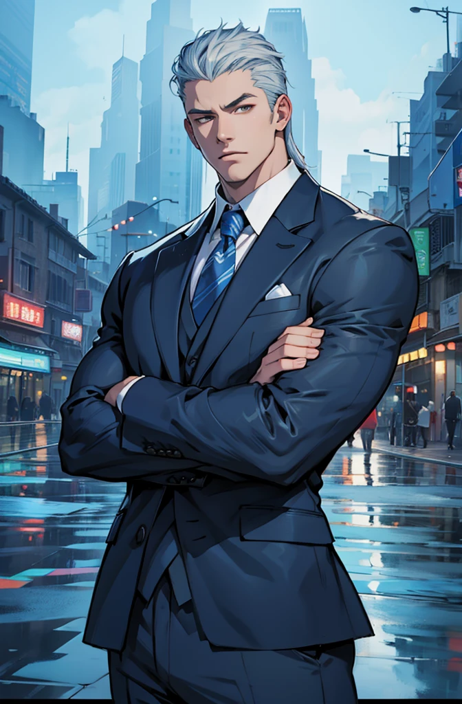 Drawing of a young Chad, Dark blue suit,hong'se'r tie, White shirt,Pants,入耳式earphone,earphone, Looking at the camera, male,Silver short hair,Blue Eyeuscle,bodyguard,Light and Shadow,(Luminescence:1.5),(Cyberpunk:1.5)