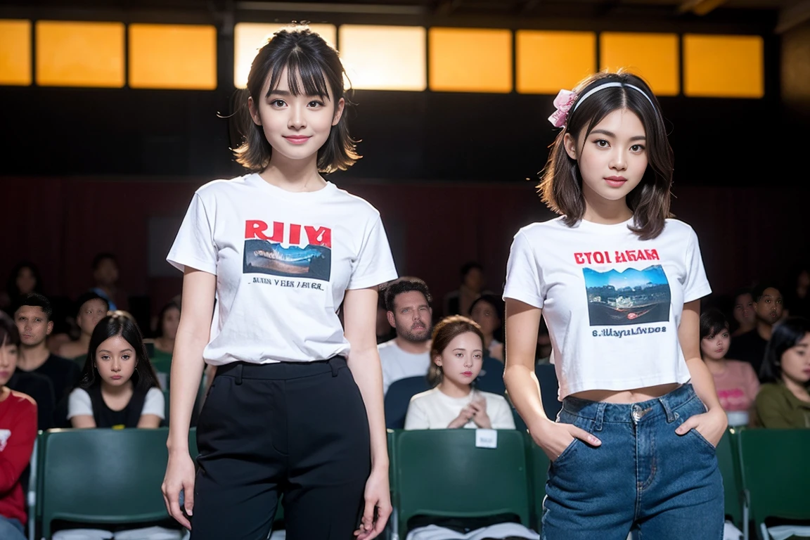 (8K, RAW photo, best quality, masterpiece:1.3),(real,photo:1.37),(Looking at the audience:1.331),(Black Hair),posture,seaside,Morning Scene,sunrise,Clear skies,1 Girl,Very beautiful face,small,Put your hands down,Pony hairstyle,Weight Hair,Fluffy hair,shoulder-length,Straight Hair,random expression,smile,big eyes,(t-shirt,Crew Neck,Short sleeve,Opaque color,Shirt color),(Wear pants),Mix 4,Hair accessories are not allowed,best quality Hair