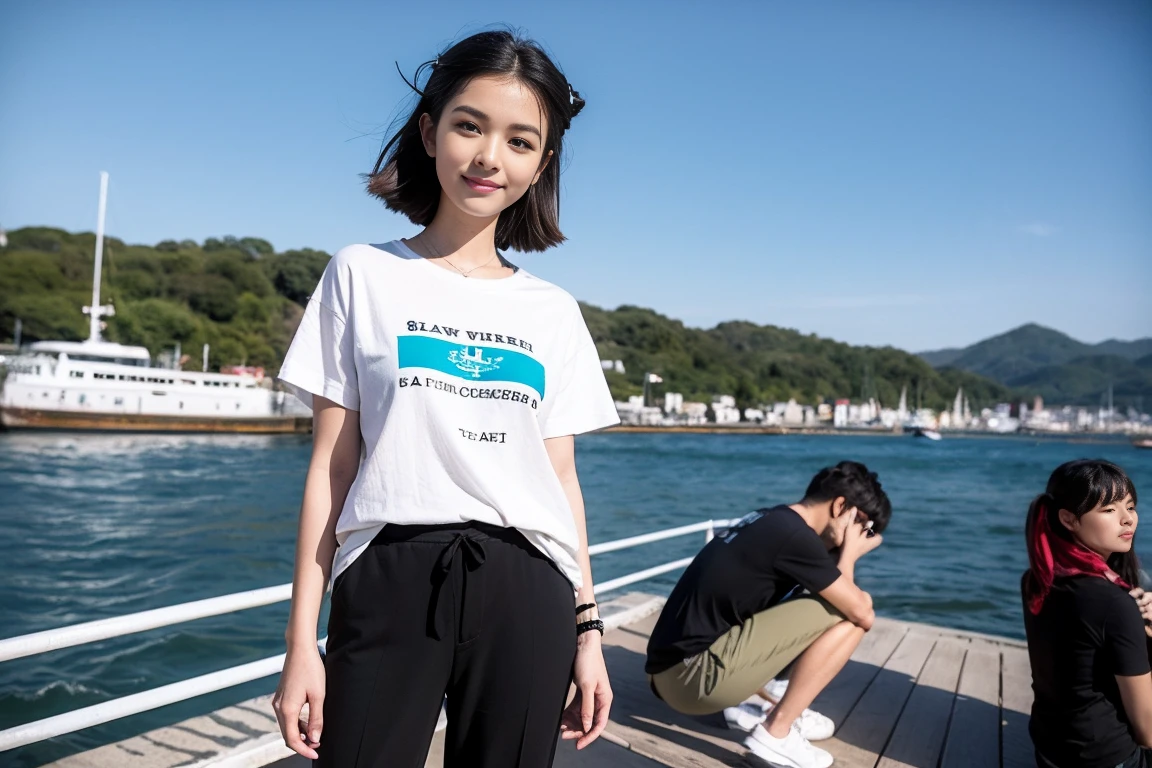 (8K, RAW photo, best quality, masterpiece:1.3),(real,photo:1.37),(Looking at the audience:1.331),(Black Hair),posture,seaside,Morning Scene,sunrise,Clear skies,1 Girl,Very beautiful face,small,Put your hands down,Pony hairstyle,Weight Hair,Fluffy hair,shoulder-length,Straight Hair,random expression,smile,big eyes,(t-shirt,Crew Neck,Short sleeve,Opaque color,Shirt color),(Wear pants),Mix 4,Hair accessories are not allowed,best quality Hair