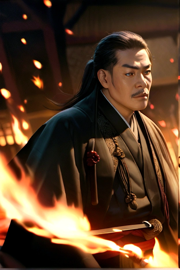 Samurai with a sword, Realistic Effects, Blur the background, 8K, Burning Fire