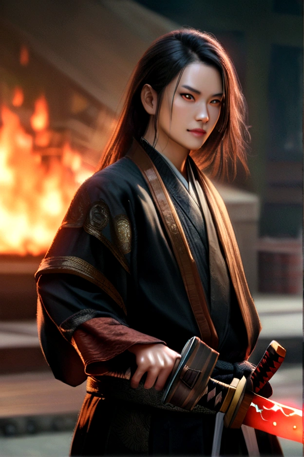 Samurai with a sword, Realistic Effects, Blur the background, 8K, Burning Fire
