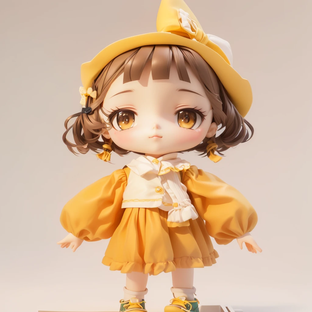 There was one wearing a yellow hat、Doll with clothes and shoes, render of a Lovely 3d anime girl, Lovely 3 d render, Lovely character, very detailed character, Stylized anime, Anime style 3d, Lovely! C4D, Lovely detailed digital art, 3D rendering style, Lovely art style, Lovely数字, April Rendering,Eyes shy expression,Close-up expression