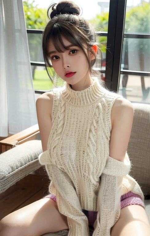 ( masterpiece, precise, Anatomically_correct, Texture_skin, excellent_detail, the best_quality, 1080P, HD, 4K, 8K, 16K), (beautiful_detailed_Eyes, beautiful_detailed_Lips, extremely_detailed_Eyes_and_Face), Soft_light, Physically based_Rendering, vivid_color, (Large target_breast:1.5), (short hair_thin braids_Bun hairstyle), (shining_hair, shining_skin, Face红), (Bangs:1.5), Eye_reflection, (Bokeh), 微lol_and_lol, (sleeveless_sweater_knitting:1.5) ,stockings,(sit on the chair,Spread your legs:1.3),See panties, look at genitals。