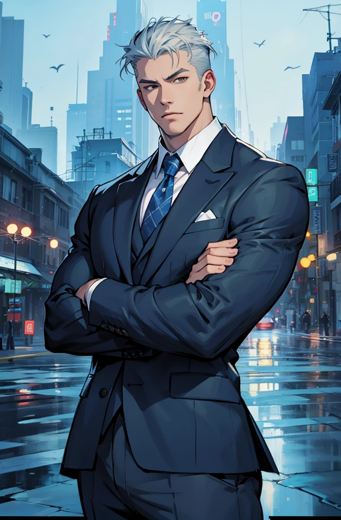 Drawing of a young Chad, Dark blue suit,hong&#39;se&#39;r tie， White shirt，Pants，入耳式earphone，earphone， Looking at the camera, male，Silver short hair，Blue Eyes，muscle，bodyguard,Light and Shadow，（Luminescence：1.5），（Cyberpunk：2）