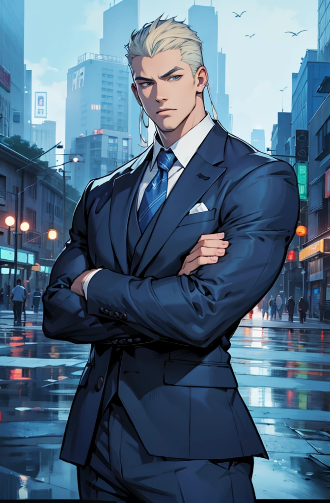 Drawing of a young Chad, Dark blue suit,hong'se'r tie, White shirt,Pants,入耳式earphone,earphone, Looking at the camera, male,Silver short hair,Blue Eyes,muscle,bodyguard,Light and Shadow,(Luminescence:1.5),(Cyberpunk:2)