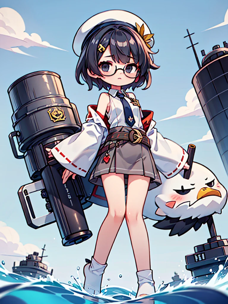 ((((Full body of a woman with perfect flat chest、solo、Short unkempt black hair、Tie your messy hair at the nape of your neck、white military jacket、Miko costume、tights、Black glasses、White military cap、Cloudy black eyes、Confused eyes、Falcon Hair Accessories、Eagle hair accessory)))), (((masterpiece))), (((Shipgirl))), ((Floating on the morning sea with both feet)), (Spread your legs wide open), (Hold the turret with your right hand), (Mechanical arms extending from the waist are used to equip the ship with battleship equipment.), (Equipped with a turret on the back), (Holds a triple turret on the left arm), Shotgun shells are attached to the thigh with a belt, Spreading the Machine's Wings, Machine tail, Holding a shotgun, Nipple masturbation, Tentacle Sex, Dildo masturbation